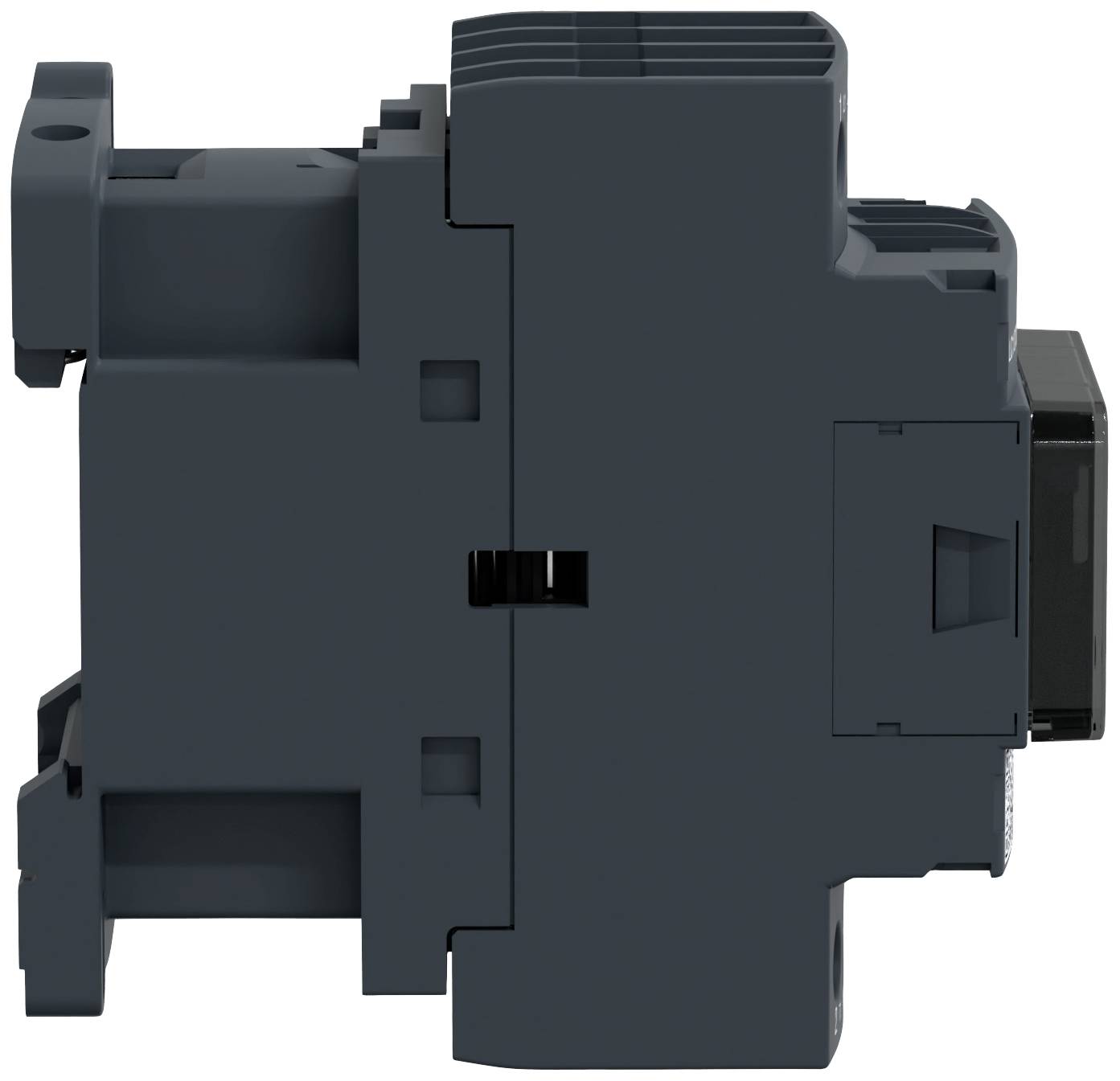 Een elektrisch relais gezien van opzij met een donkere behuizing, herkenbare aansluitpunten en montagehaken.