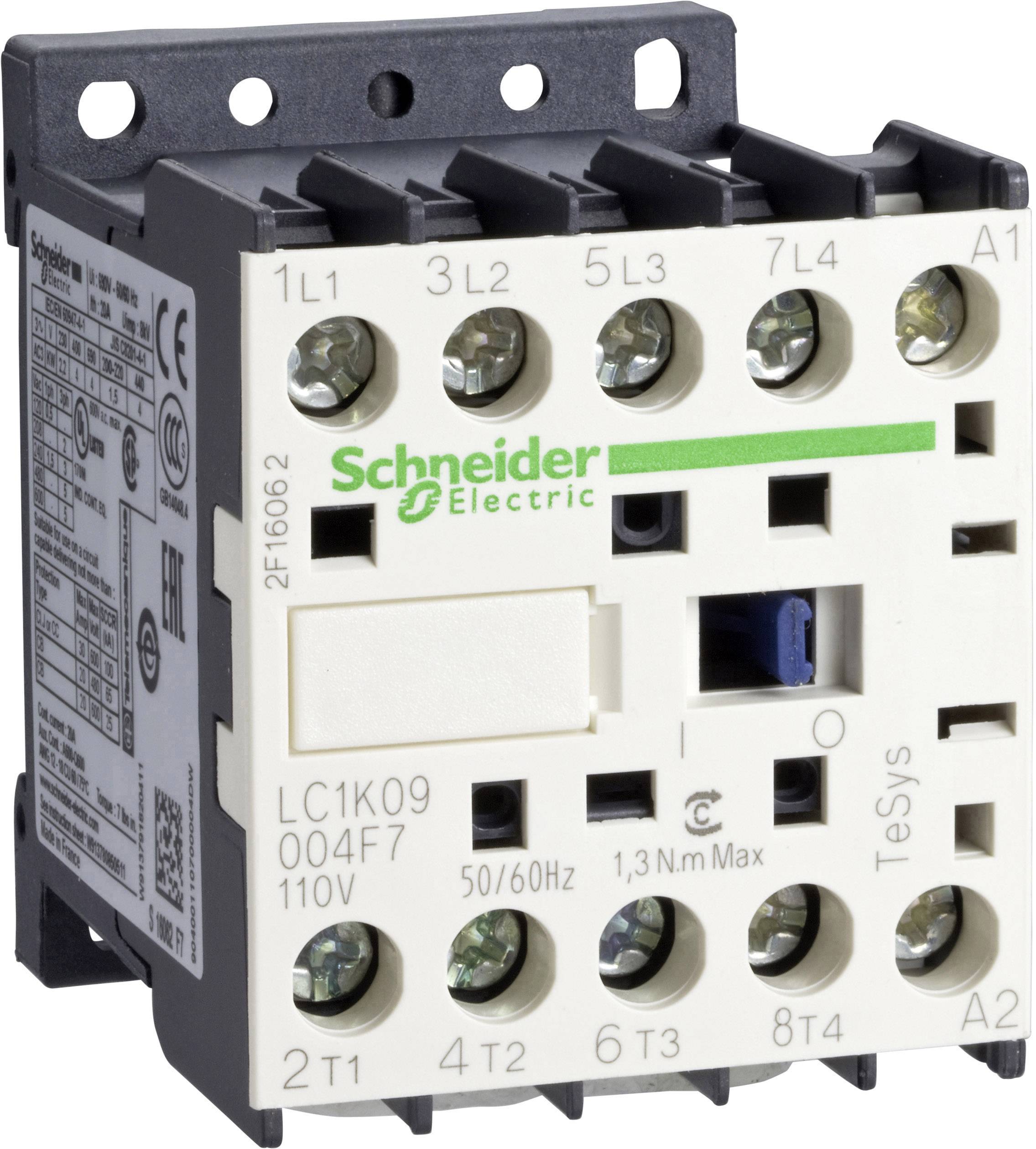 'Schneider Electric'-magneetschakelaar, model LC1K09004F7, 110V, 50/60Hz, toont aansluitingen en specificaties.