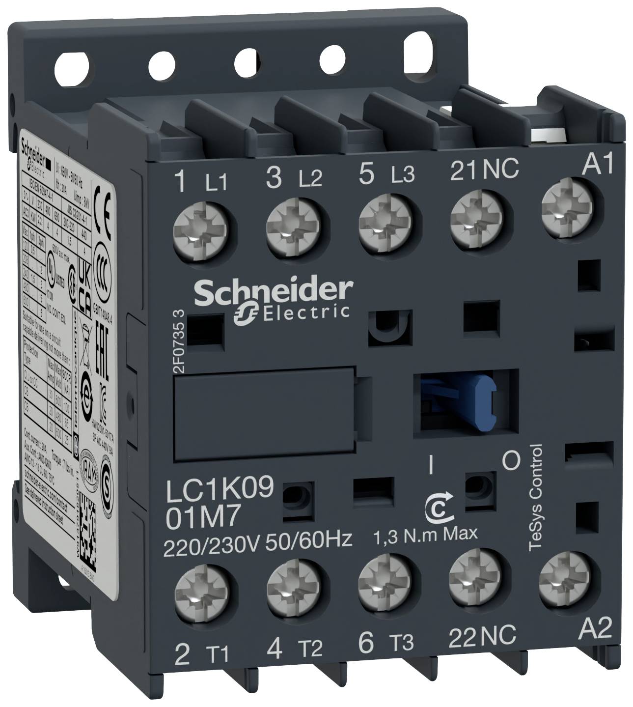 Een elektrische magneetschakelaar van Schneider Electric voor 220/230V, model LC1K09. Beschikt over meerdere aansluitklemmen.