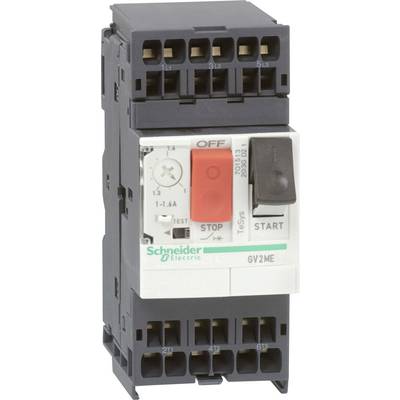 Een motorbeveiligingsschakelaar van Schneider Electric met een rode 'Stop' en een zwarte 'Start' knop, type GV2ME.