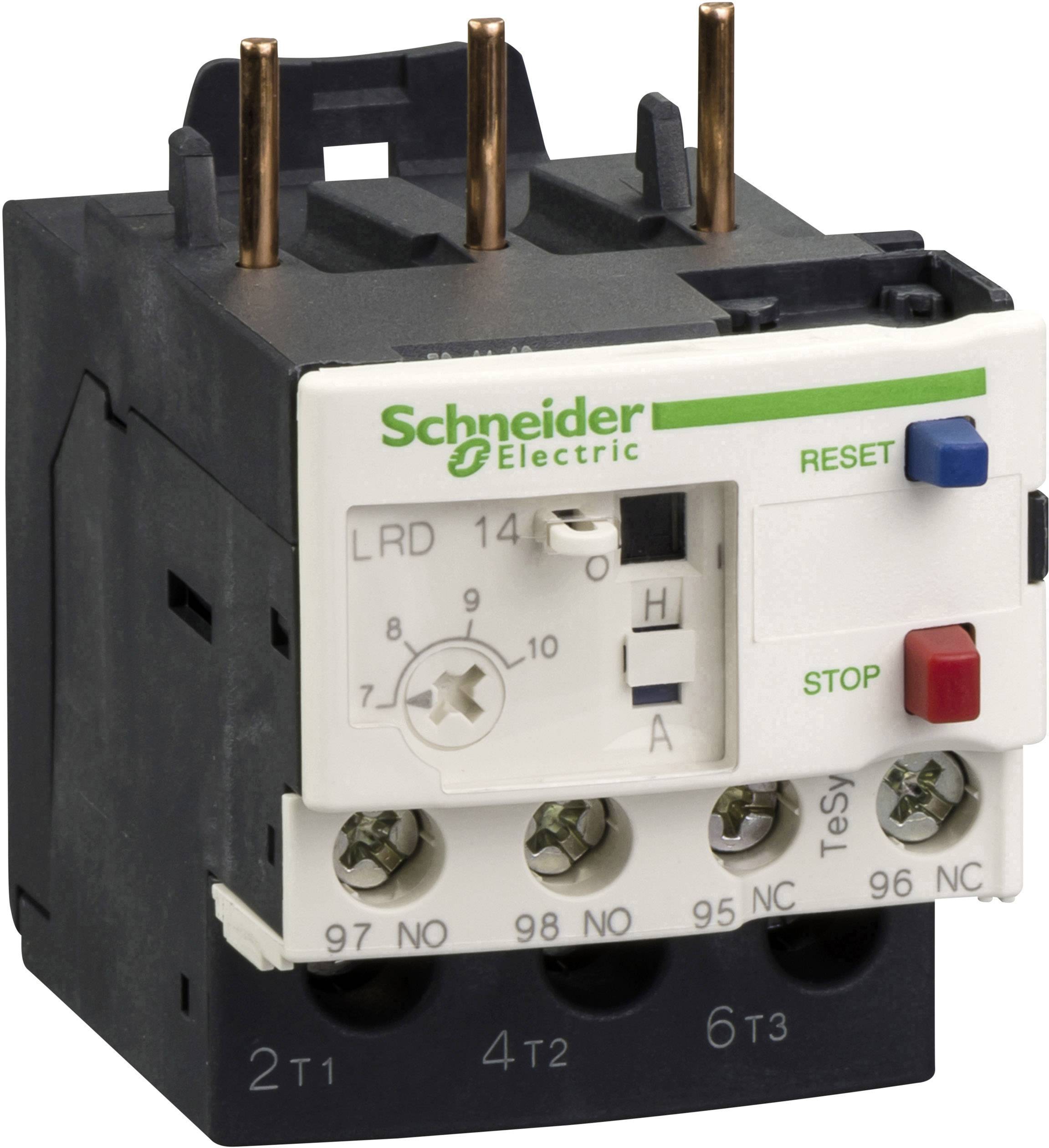 Een thermisch overbelastingsrelais van Schneider Electric met resetknoppen (blauw) en stopknoppen (rood) en een instelschaal.