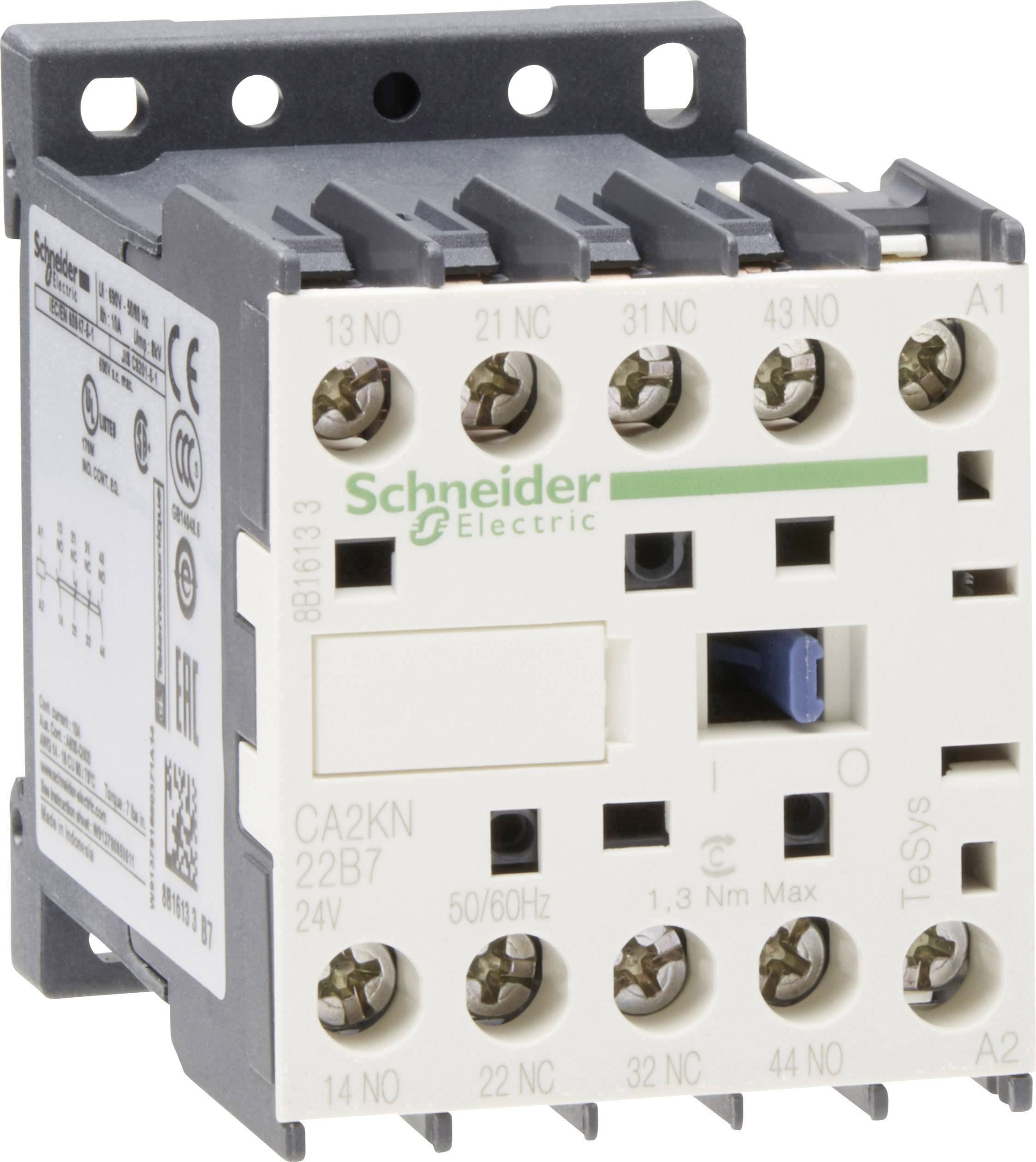 Een wit elektrisch schakelrelais van het merk Schneider Electric met zijdelingse terminaalaansluitingen, geschikt voor netgeschakelingen.