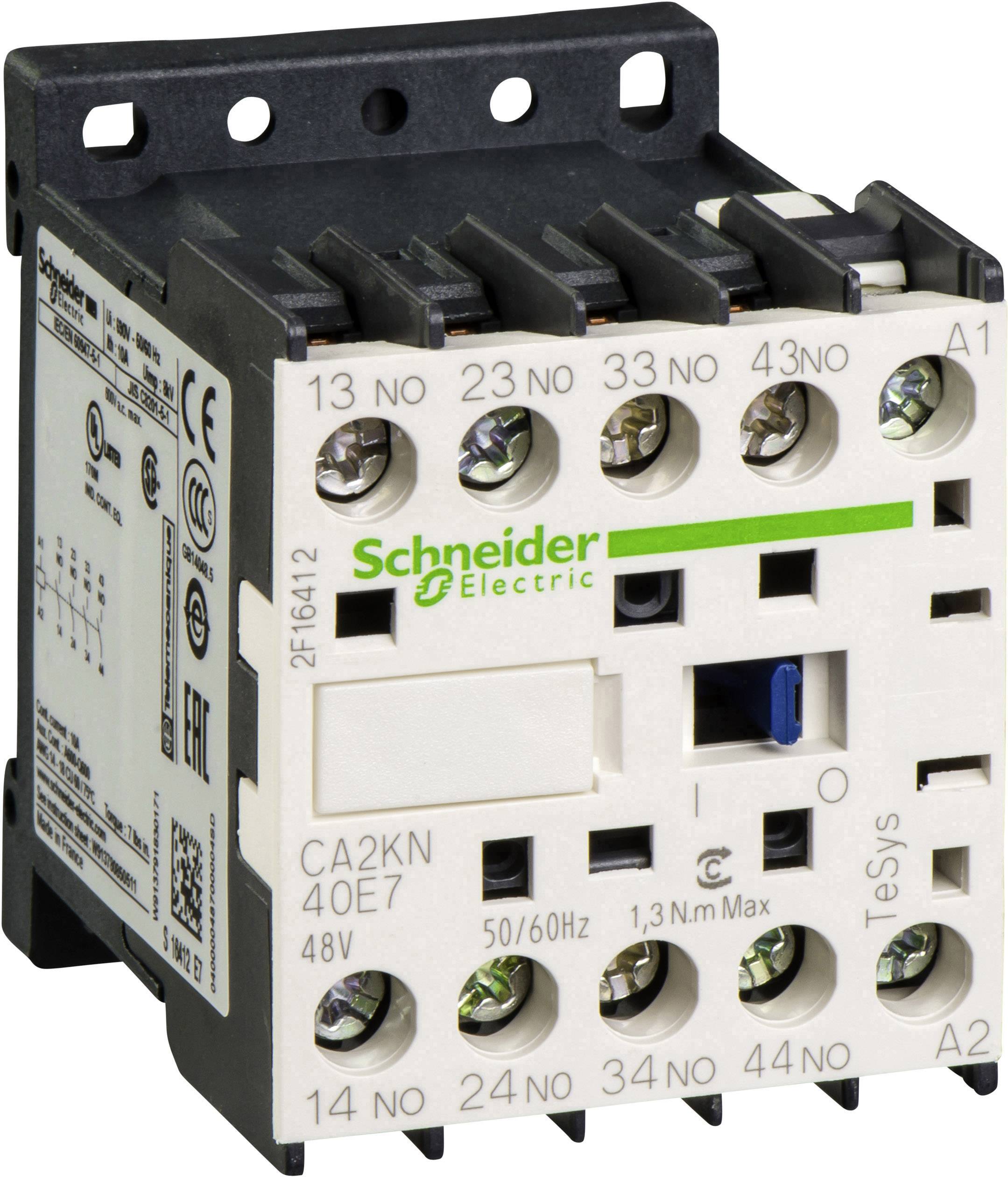 Relais van Schneider Electric voor industriële toepassingen, model CA2KN40E7, met meerdere aansluitklemmen, 48V spanning.