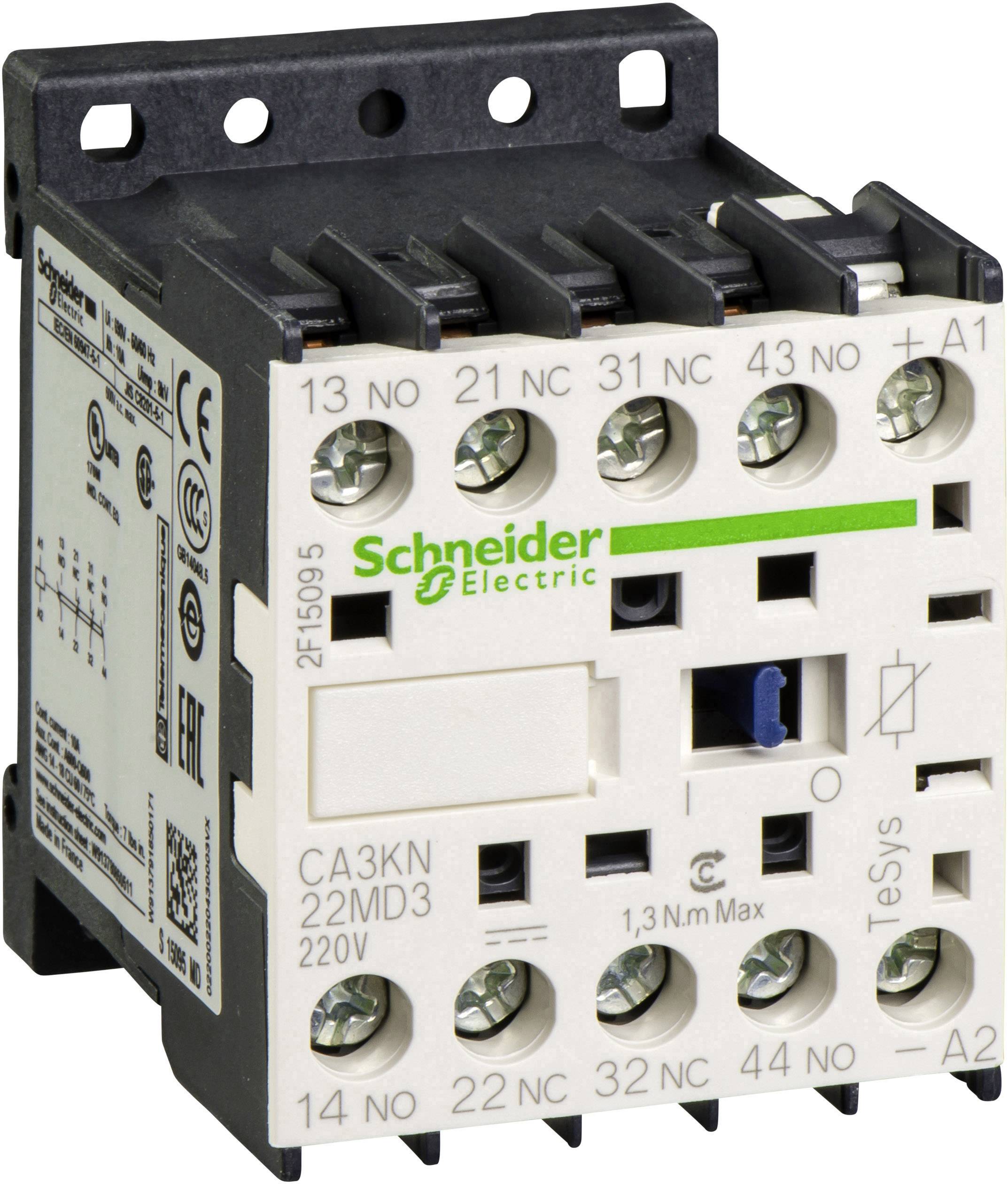 Een elektrische schakelaar van Schneider Electric, model CA3KN, voor 220V, met meerdere aansluitklemmen en schakelmogelijkheden.