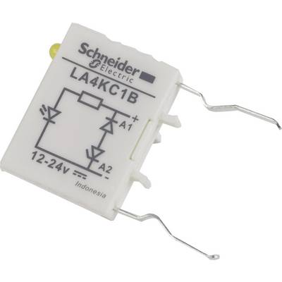 Elektrisch onderdeel van Schneider Electric, model LA4KC1B, spanning 12-24V, met twee uitstekende aansluitingen.