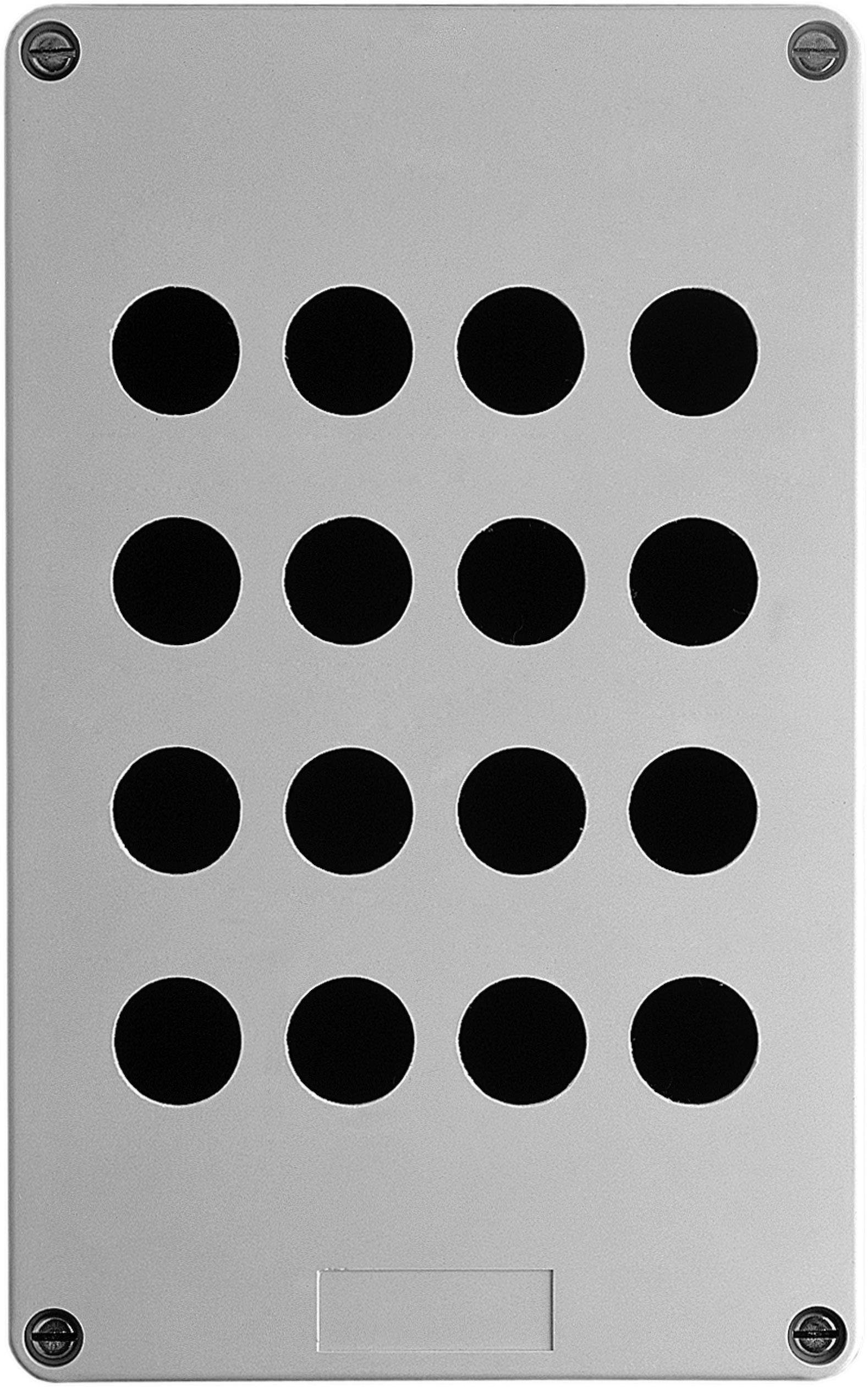 Een zilveren plaat met 15 ronde, zwarte gaten in een 3x5-patroon, waarschijnlijk een luidspreker- of ventilatierooster.