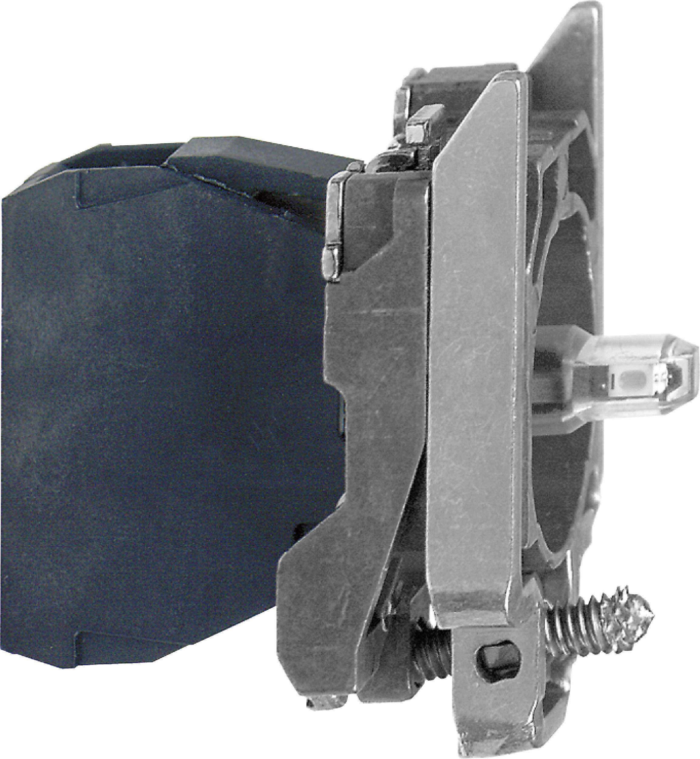 Metalen schakelcomponent met vierkante, zwarte schakelaar en geïntegreerde LED-verlichting, zijaanzicht.