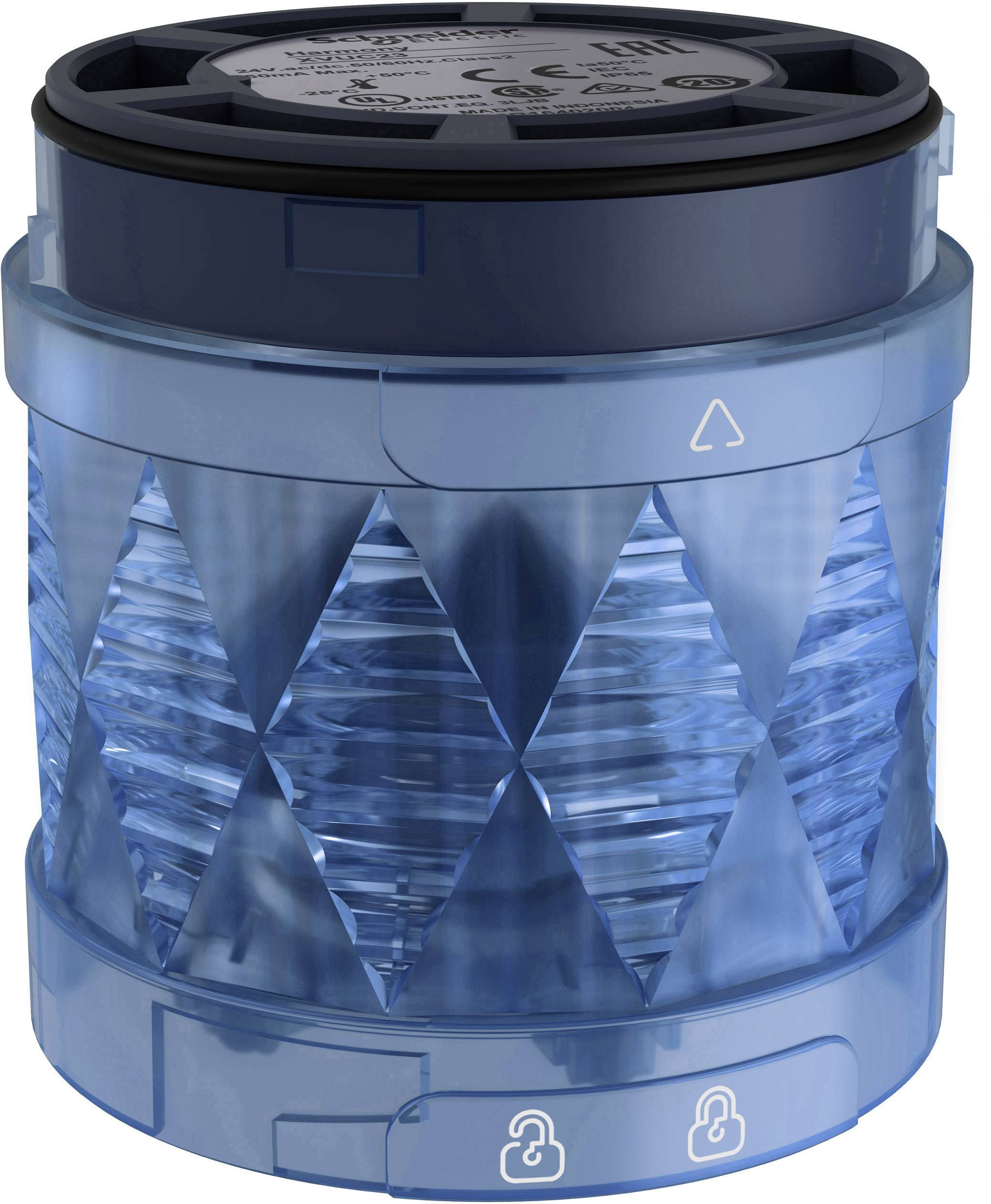 Een cilindrische, blauwe veiligheidslamp met ruitvormige patronen. Symbolen aan de onderkant tonen open en gesloten sloten.