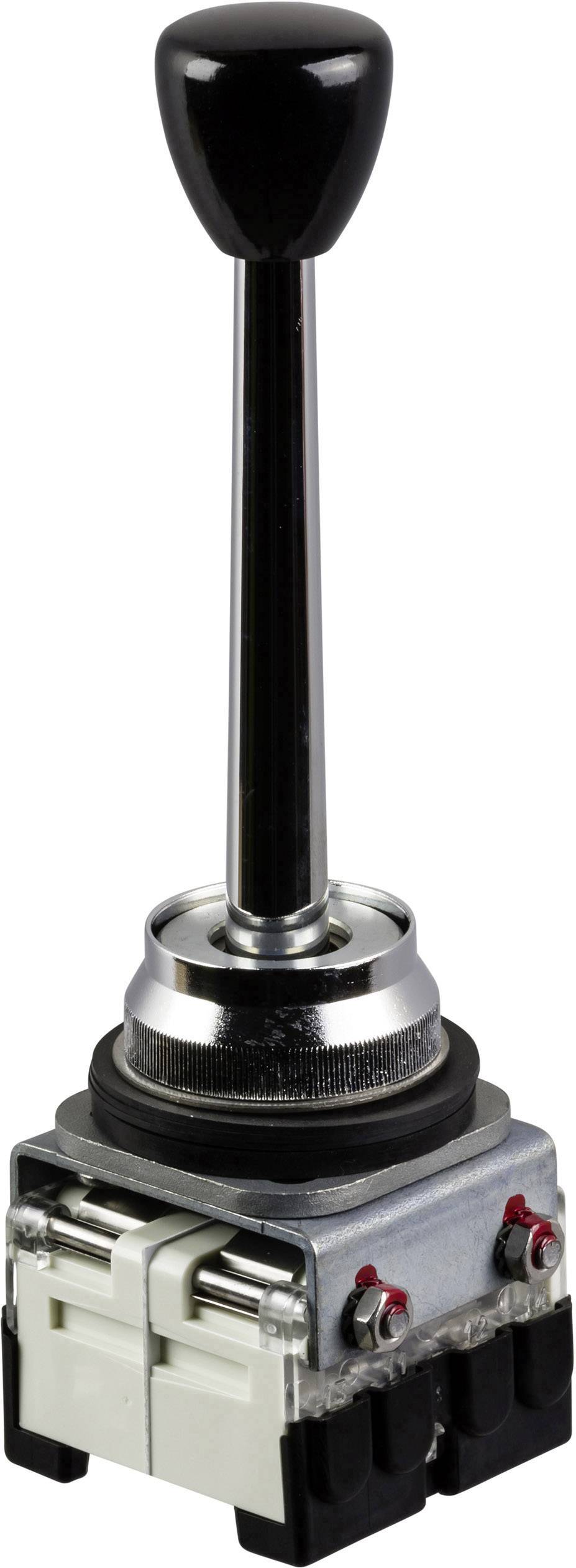 Een joystick-achtige hefschakelaar met een zwarte handgreep en een metalen basis, geschikt voor industriële besturingstoepassingen.