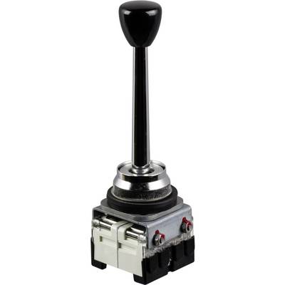 Een joystick-achtige hefschakelaar met een zwarte handgreep en een metalen basis, geschikt voor industriële besturingstoepassingen.