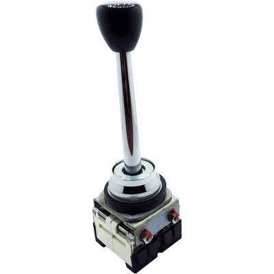 Zwarte joystick met zilveren stang en witte voet, geschikt voor industriële besturingstoepassingen.