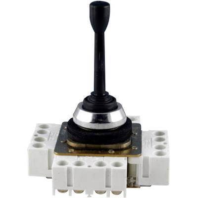 Een zwarte joystick-schakelaar op een witte, rechthoekige basisplaat met meerdere aansluitklemmen, geïsoleerd tegen een witte achtergrond.