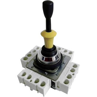 Een zwarte hendel op een gele basis, gemonteerd op een wit, vierkant stopcontact, voor industriële besturingen.