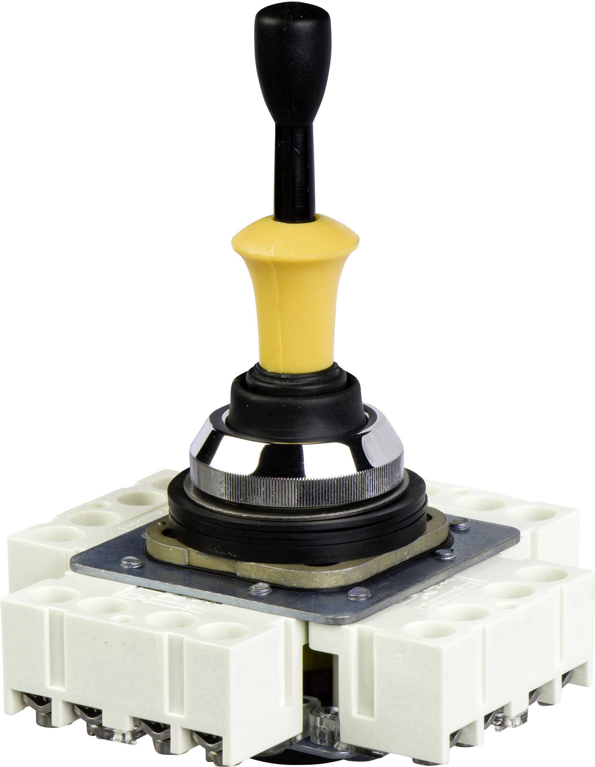 Een joystick-schakelaar met een zwarte greep en een gele voet op een wit schakelapparaat. Wordt gebruikt voor het besturen van machines.