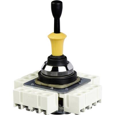 Een joystick-schakelaar met een zwarte greep en een gele voet op een wit schakelapparaat. Wordt gebruikt voor het besturen van machines.