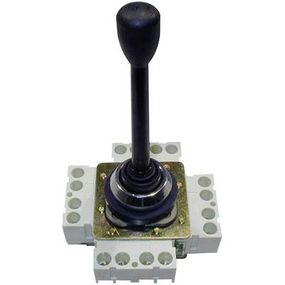 Een joystick met een lange greep en meerdere elektrische aansluitingen op een vierkante basis, voor het besturen van machines.