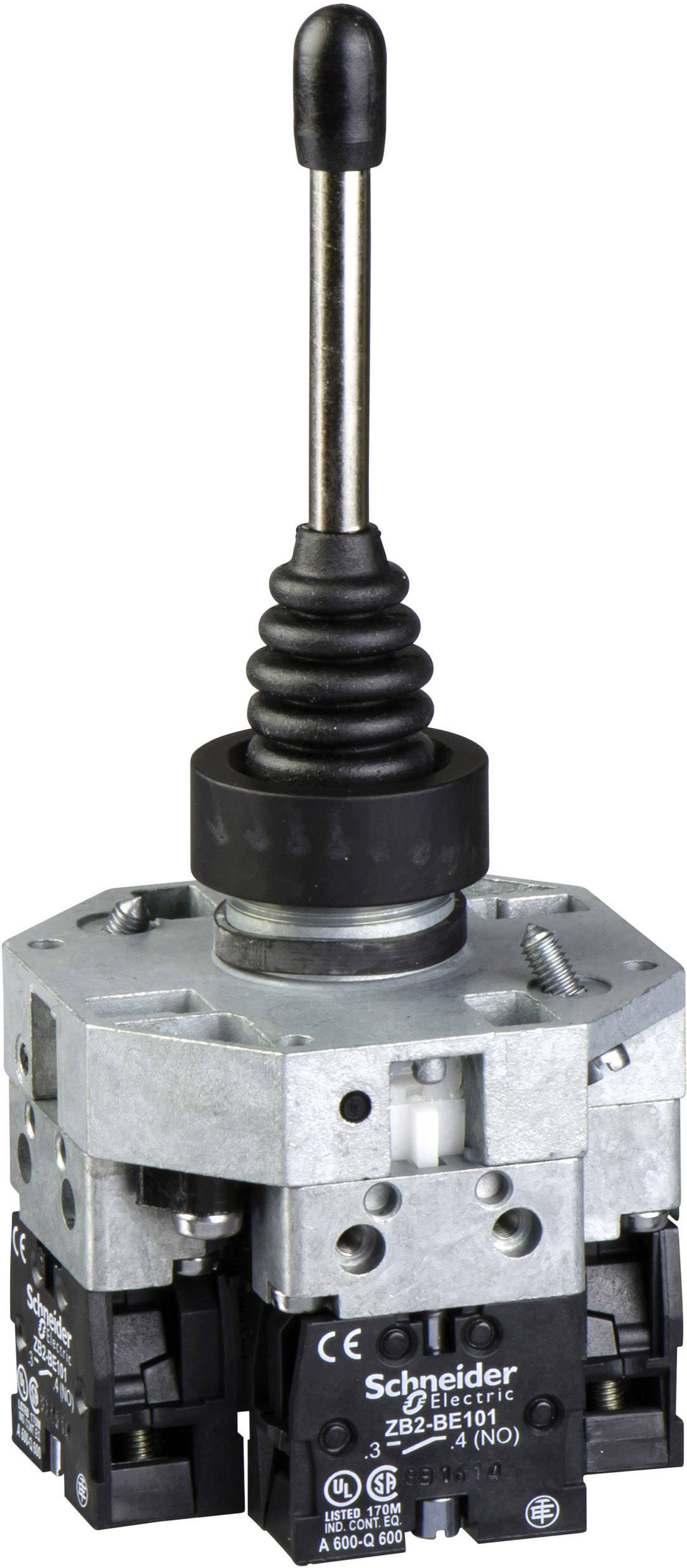 Een industriële joystick-schakelaar van Schneider Electric, zwart-zilver, met vier contactblokken en een zwarte rubberen kap.