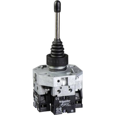Een industriële joystick-schakelaar van Schneider Electric, zwart-zilver, met vier contactblokken en een zwarte rubberen kap.