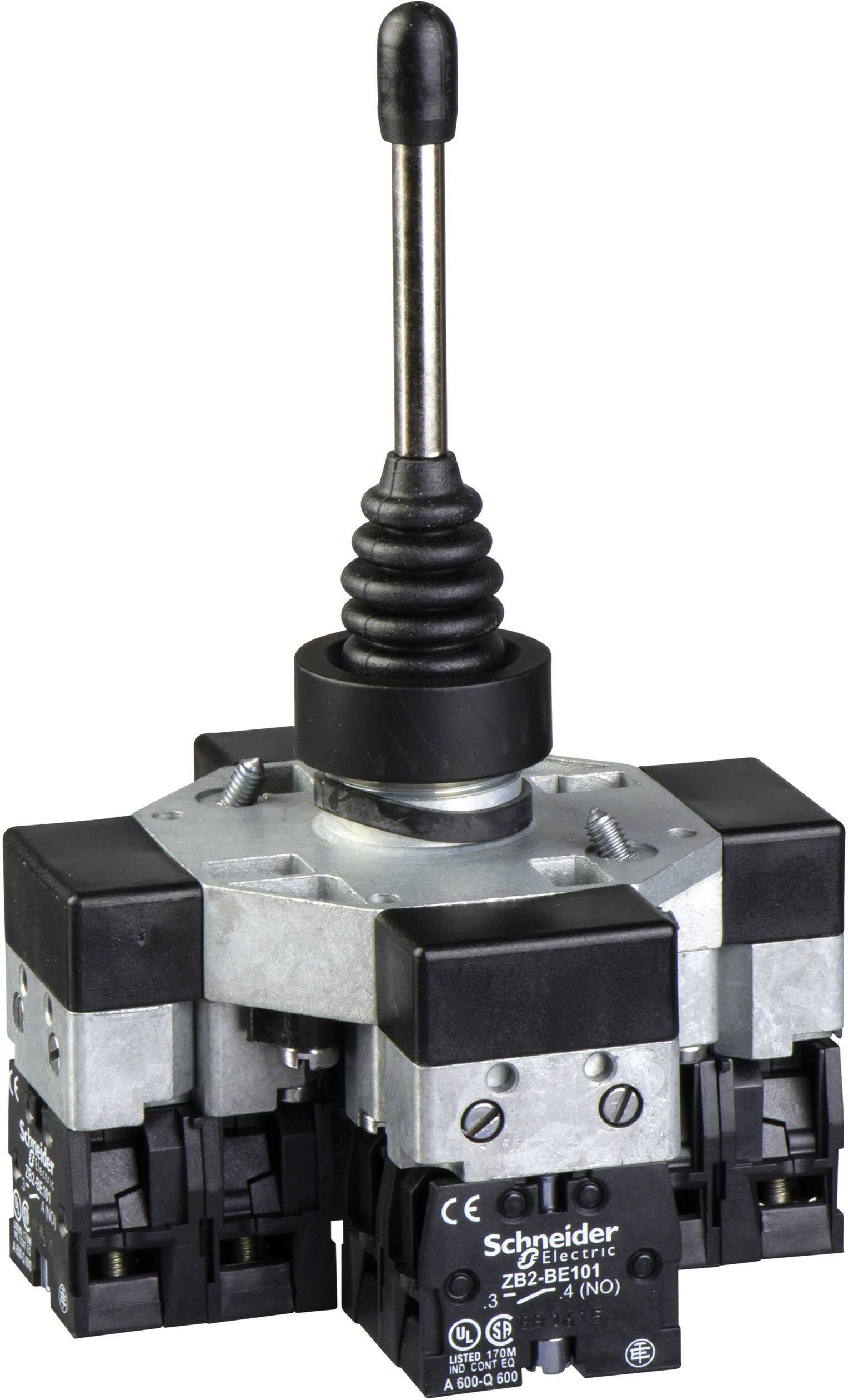 Een meertraps joystickschakelaar van Schneider Electric met zwarte schakelomkasting en metalen hendel. Geschikt voor industriële toepassingen.