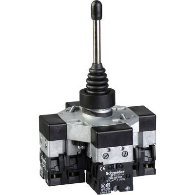 Een meertraps joystickschakelaar van Schneider Electric met zwarte schakelomkasting en metalen hendel. Geschikt voor industriële toepassingen.