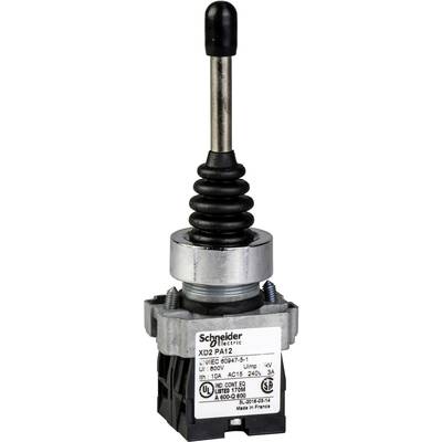 Een zwarte hendel met veren en opschrift 'Schneider Electric'. Elektrisch onderdeel met technische specificatie op etiket.