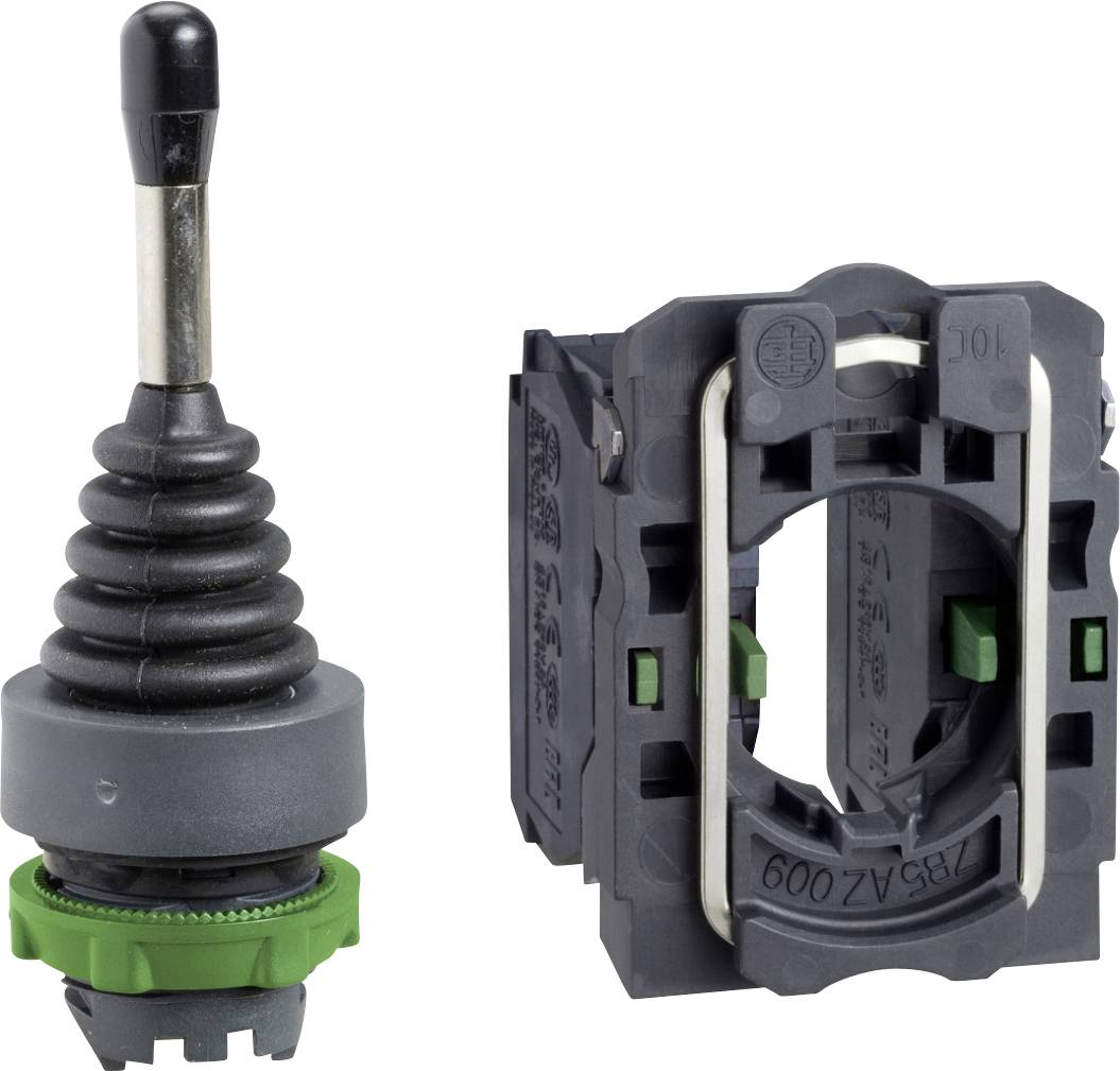 Een joystick-bedieningsschakelaar en bijbehorende montagefelt, weergegeven als afzonderlijke zwarte en groene industriële besturingscomponenten op een witte achtergrond.