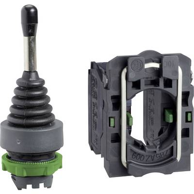 Een joystick-bedieningsschakelaar en bijbehorende montagefelt, weergegeven als afzonderlijke zwarte en groene industriële besturingscomponenten op een witte achtergrond.