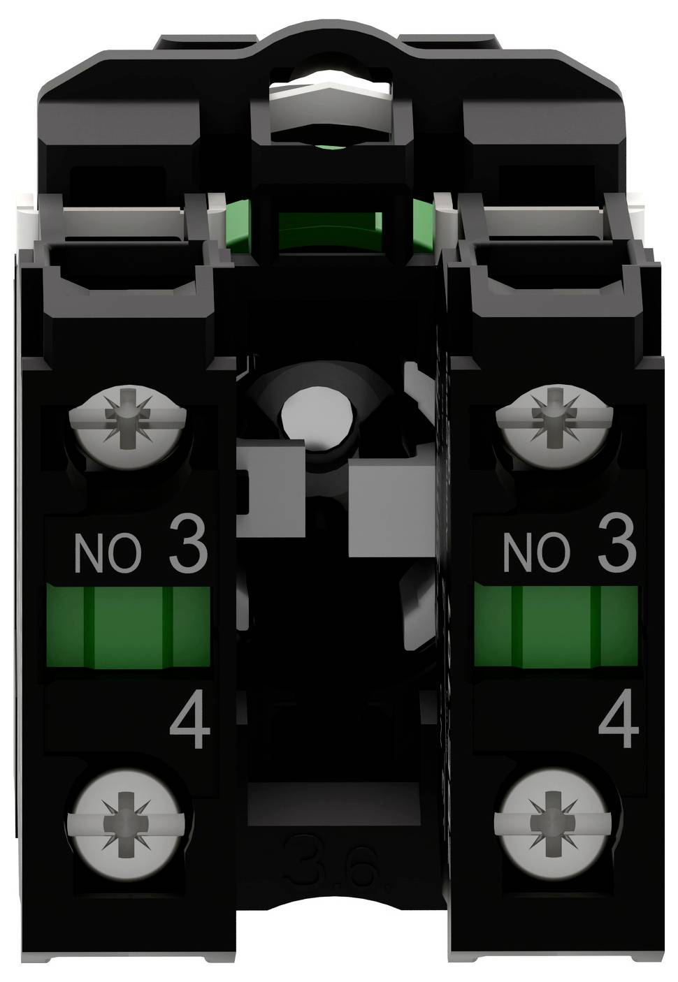 Zwarte elektrische stroomonderbrekermodule gelabeld met 'NO 3' en '4', met dubbele schroefklemmen en een centrale schakelaar opening.