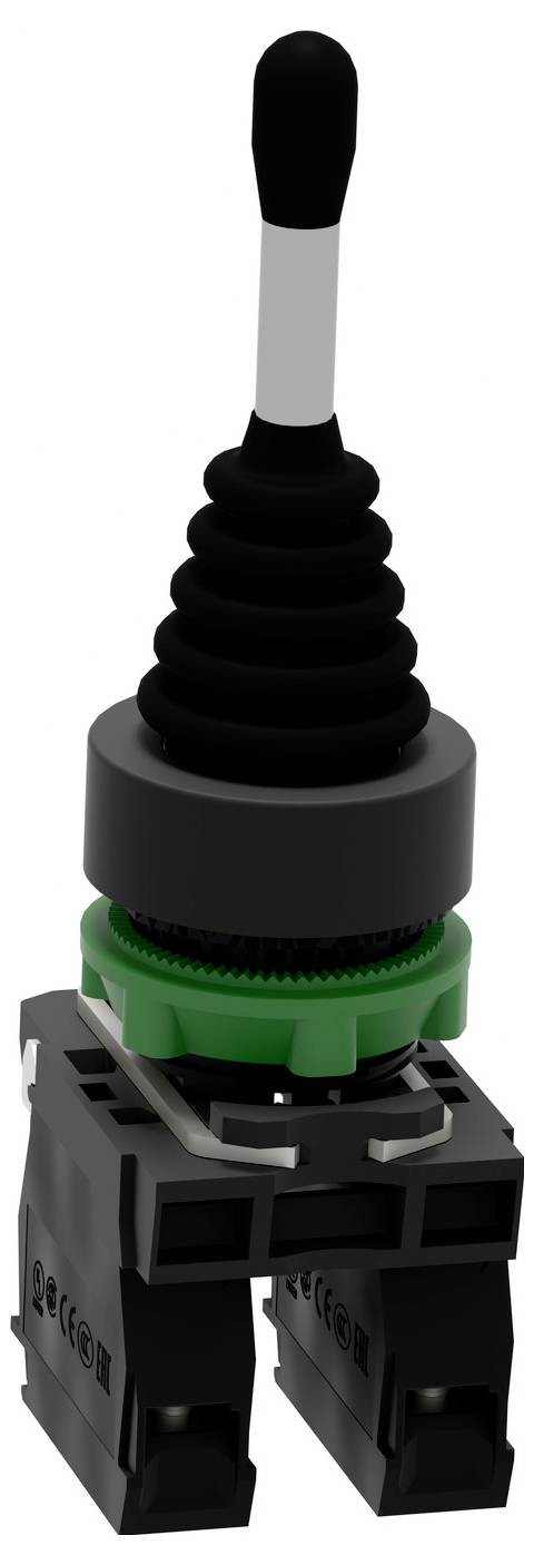 Industriële joystickcontroller met zwart handvat, accordeon-stijlde beschermhoes en dubbele schakelaarvoet op een witte achtergrond.