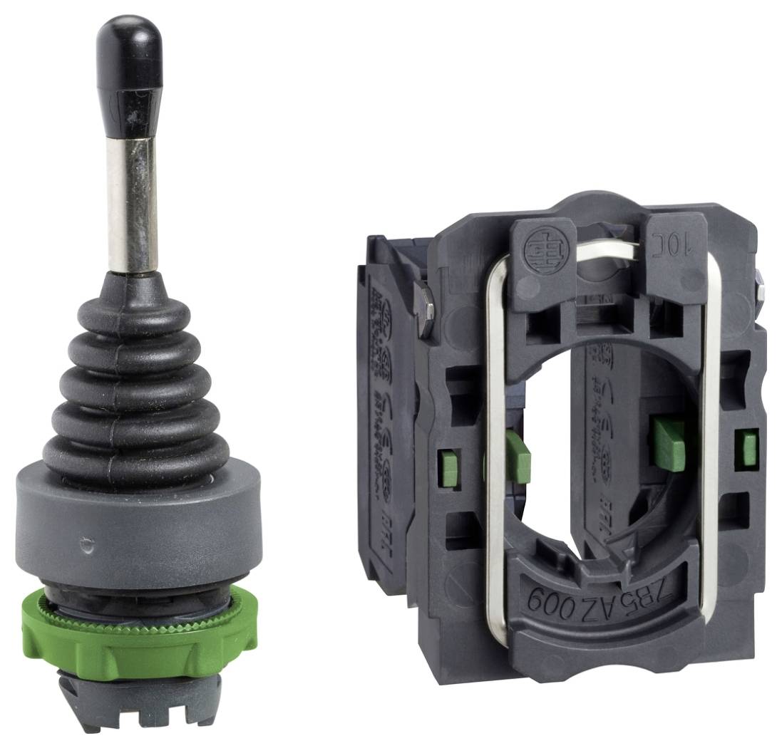 Zwarte industriële schakelaardelen: een rubberen laarsje joystick-actuator en een bijpassende vierkante montagebasis op een witte achtergrond