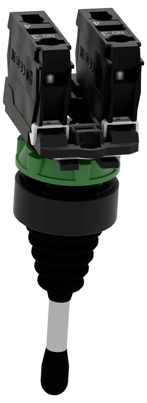 Zwart-groene elektrische connector of sensorstekker met twee bovenste terminals, cilindervormig lichaam en een lange geribbelde zwarte sondestaaf