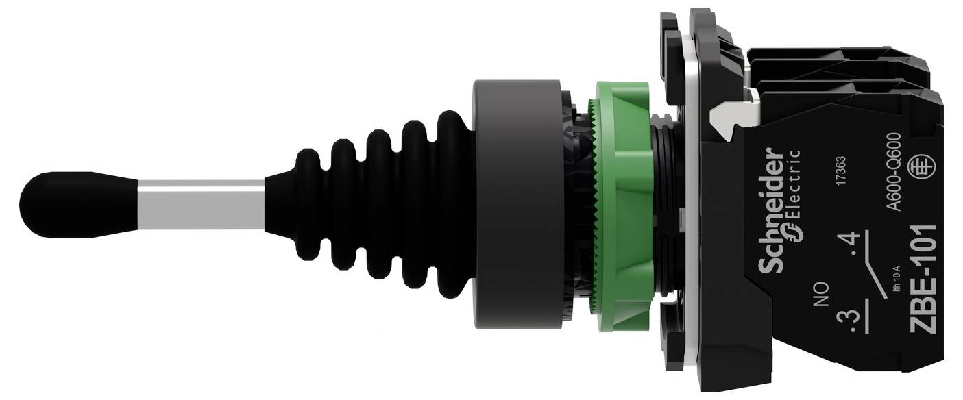 Zijkant van een Schneider Electric ZBE-101 drukknopcontactblok met zwarte bedieningshendel, groen ring en montagemateriaal.