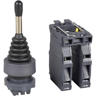 Elektrische joystickschakelaar en houder. Joystick met zwarte handgreep en gevouwe behuizing, geschikt voor machinebediening.