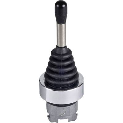 Een zwarte en zilveren joystick met een geribbelde handgreep en een ronde voet, gebruikt voor machinebediening.