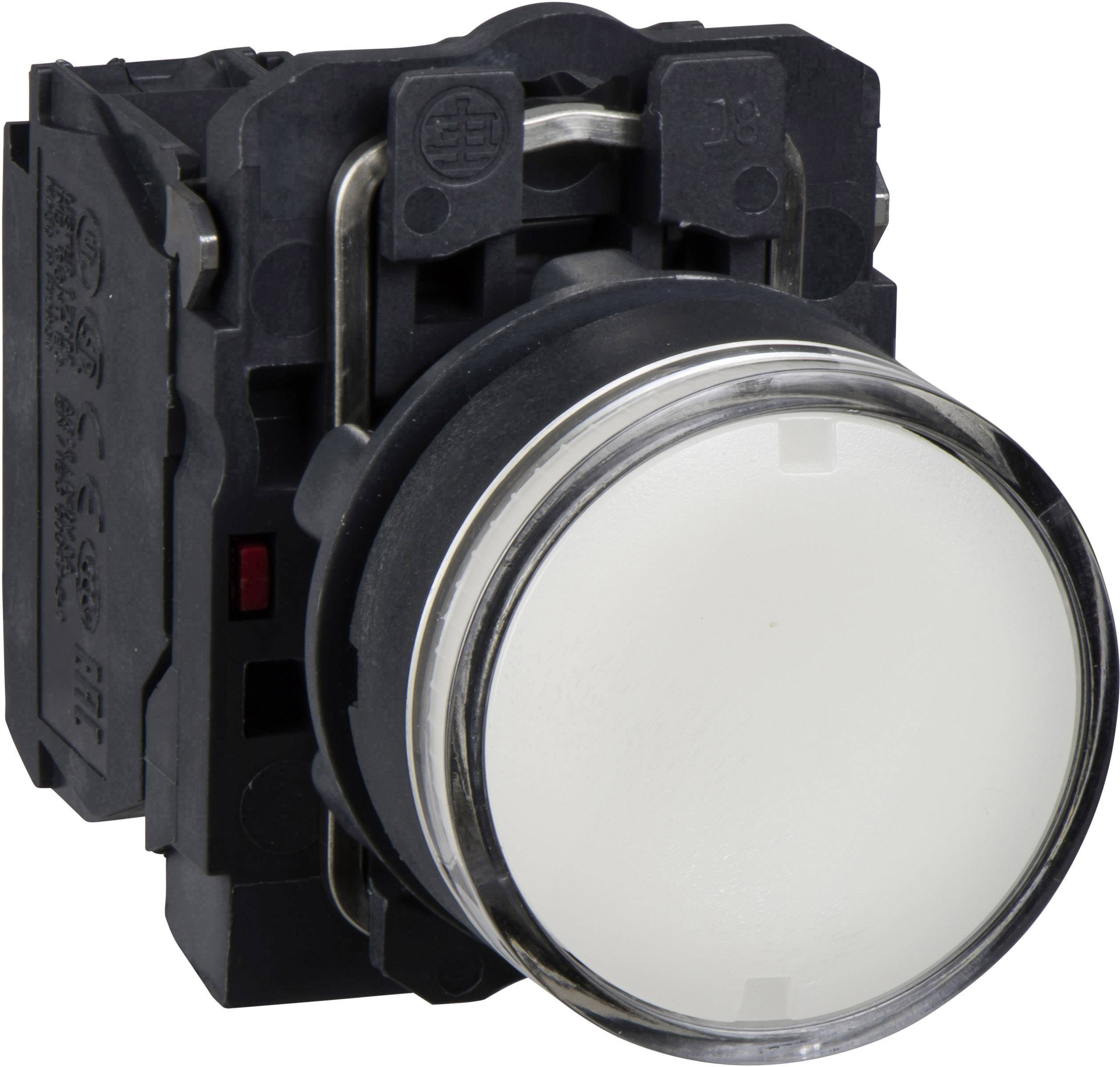 Close-upfoto van een ronde witte drukknop, gemonteerd in een zwarte behuizing. Geschikt voor industriële machinebesturingen.