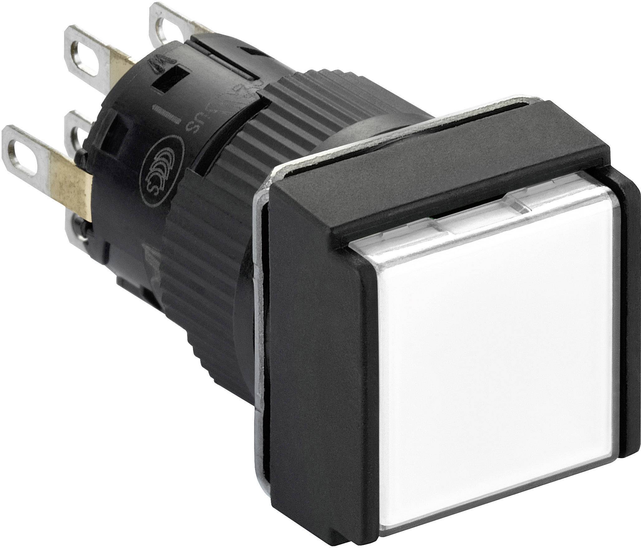 Zwarte tuimelschakelaar met witte toetsen en drie metalen contacten, geschikt voor elektronische schakelingen en apparaten.
