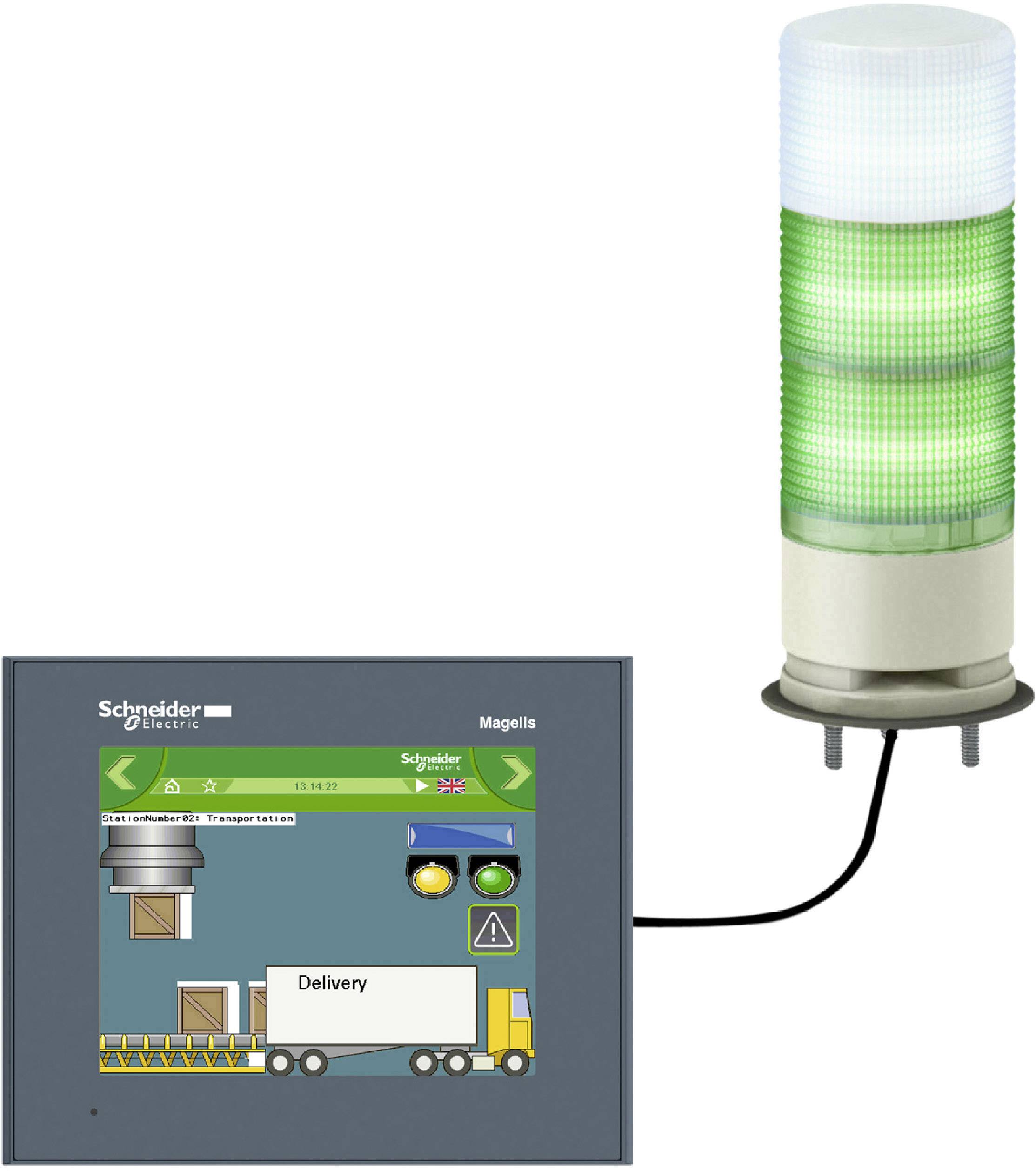 Een besturingsapparaat met display toont een vrachtwagengrafiek en het woord 'Delivery'. Aangesloten is een signaallamp met groene en blauwe verlichting.