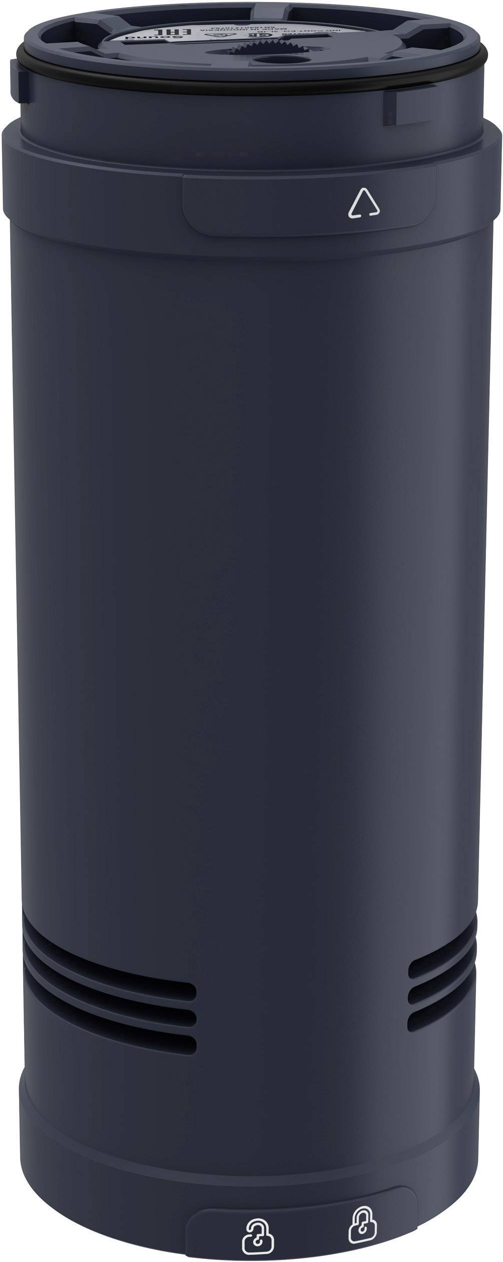 Zwarte cilindrische containers met recycling-symbolen en algemene waarschuwingssignalen.