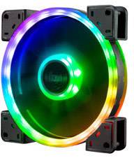 Een verlichte, meerkleurige computerventilator met RGB-LED's, straalt in verschillende kleuren en zorgt voor koeling en visuele effecten.