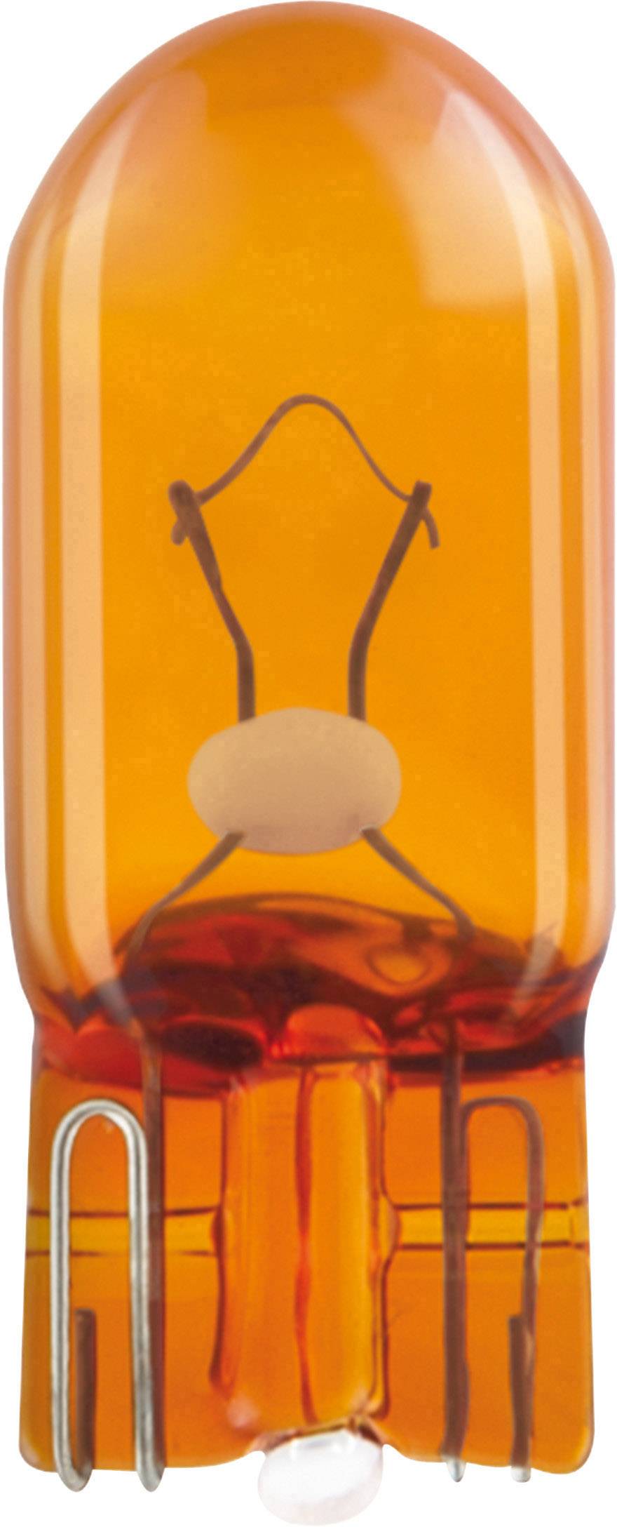 Een oranje gloeilamp, typisch gebruikt voor autokoplampen of knipperlichten. Hij heeft een metalen contactpunt aan de voet.