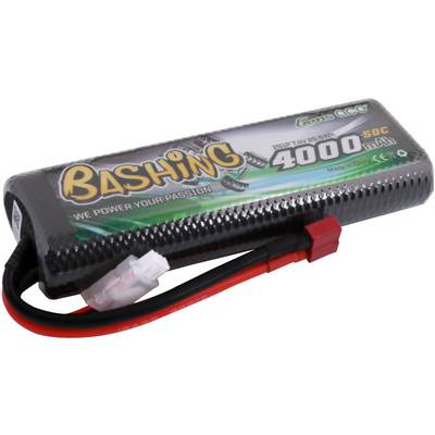 Een RC-accupack met het opschrift 'Bashing 4000mAh 50C', verbonden met een aansluitkabel.