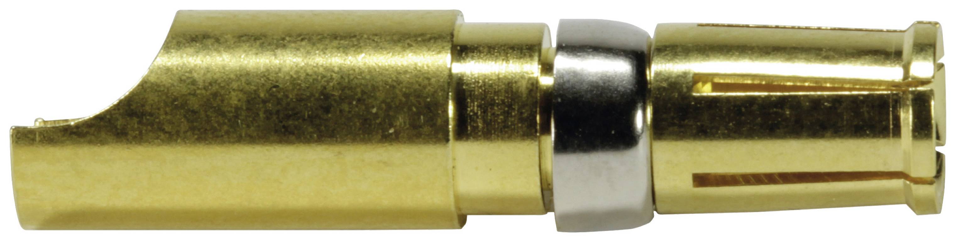 Een vergulde BNC-connector, gezien vanaf de zijkant. Hij bestaat uit verschillende onderdelen, inclusief een zilveren ring in het midden.