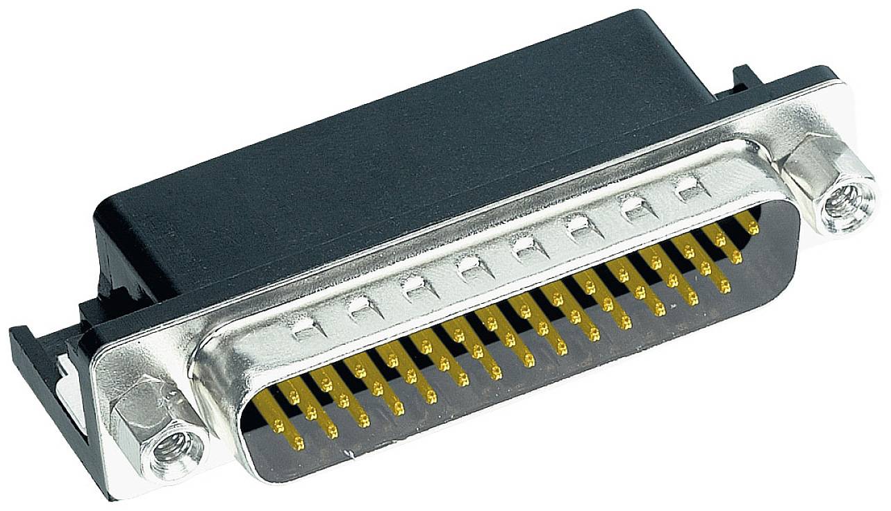 Een DB25-stekker met metalen behuizing en gouden contactpinnen. Typisch gebruikt voor parallelle interfaces.