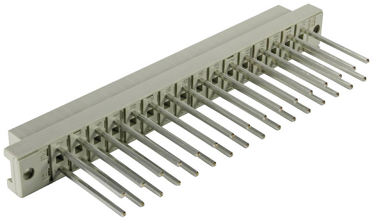 Grijs-witte elektrische connector met meerdere lange metalen pinnen, geschikt voor elektronische schakelingverbindingen.