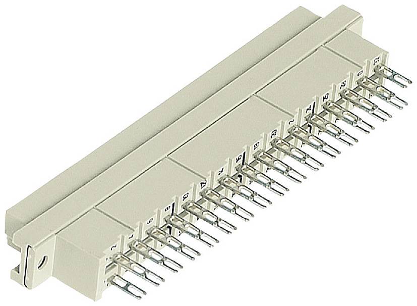 Een beige elektrische stekker met meerdere metalen pinnen, typisch gebruikt voor elektronische apparaten of computerverbindingen.