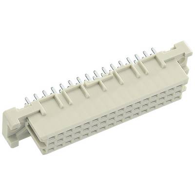 Een rechthoekige stekker met meerdere metalen pinnen die aan één zijde uitsteken. Beige behuizing met twee bevestigingselementen.