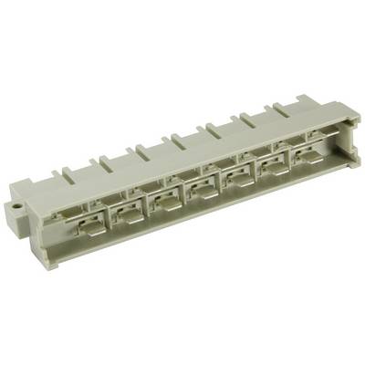 Een grijs patchpanel met acht aansluitingen. Het wordt gebruikt voor het organiseren en verbinden van netwerk- of telefoonlijnen.