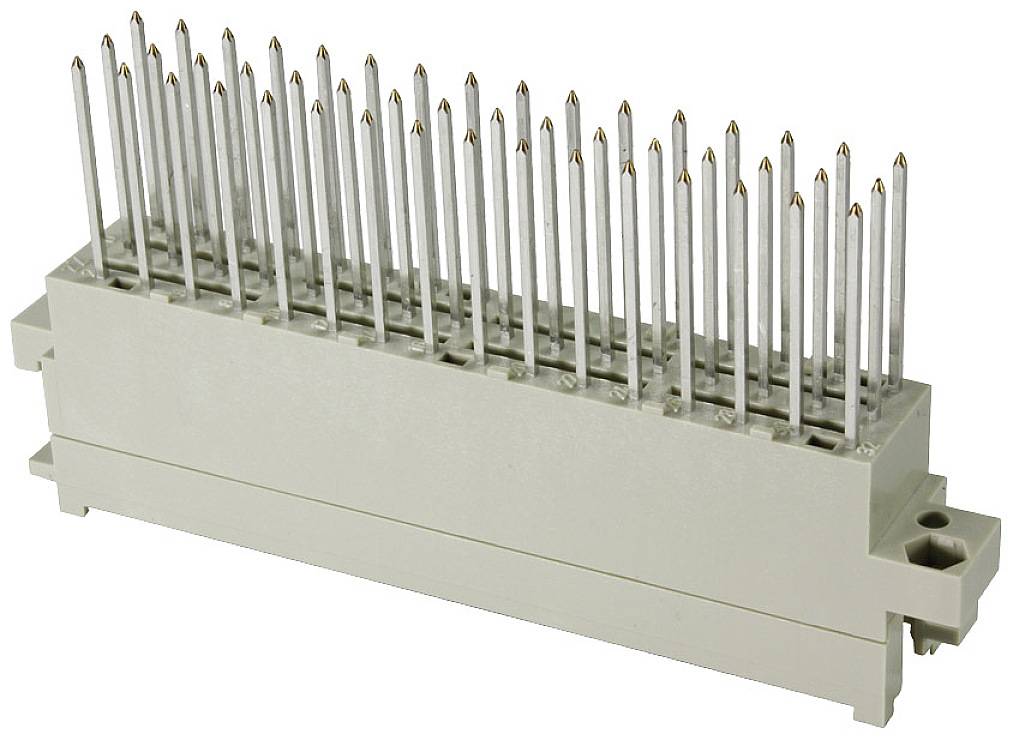 Een grijs stekkerhuis met meerdere verticale metalen pinnen, geschikt voor elektronische apparaten of printplaatverbindingen.