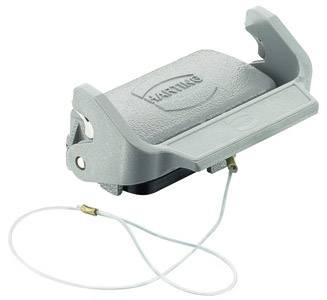 Een grijs industrieel aansluitingsbehuizing met hefmechanisme en kabel, geschikt voor bescherming en veilige verbinding van componenten.