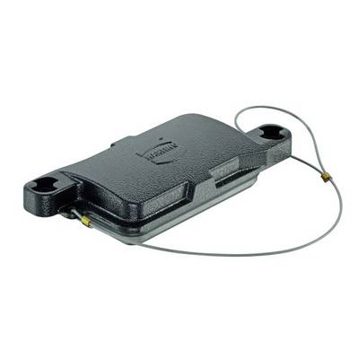 Zwart, rechthoekig elektronisch apparaat met twee kabels aan de uiteinden.
